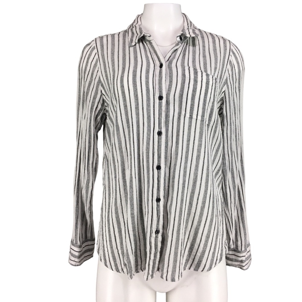 Lucky Brand Button Up Shirt Long Sleeve  Stripe Button Detail Black White Size M
